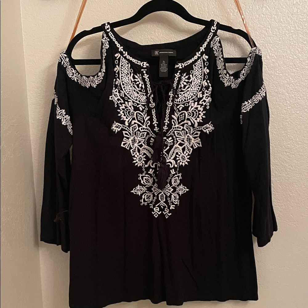 INC International Concepts Black Top with White Embroidery